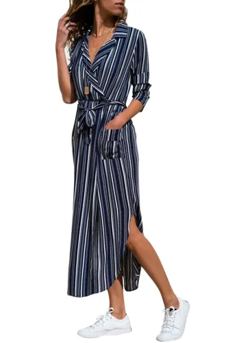 Navy White Multi Striped Shirt Dress with Tie