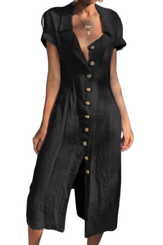 Black Summer Buttoned Casual Shirt Maxi Dress