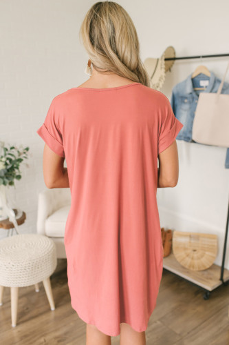 Pink V Neck Cuffed T-shirt Dress