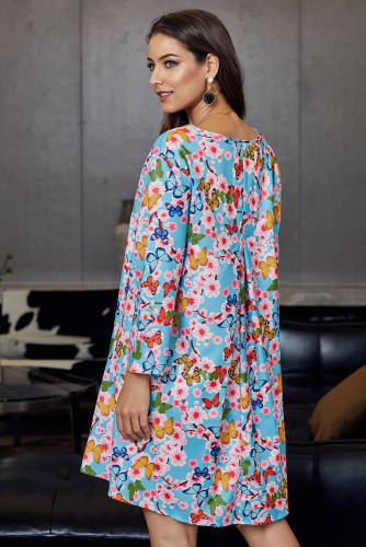 Multicolor Printed V-Neck Three Quarter Sleeve Loose Dress
