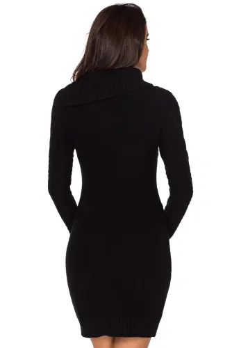 Asymmetric Buttoned Collar Black Bodycon Sweater Dress