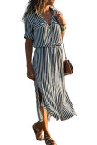 Black Striped Roll up Sleeve Buttoned Maxi Shirt Dress