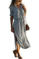 Black Striped Roll up Sleeve Buttoned Maxi Shirt Dress