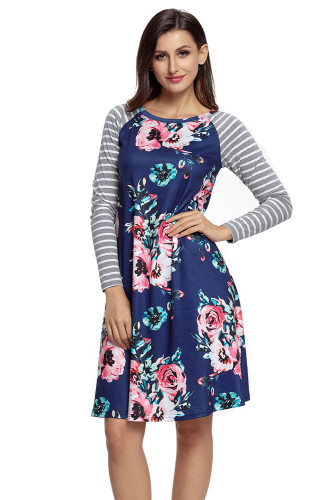 Dark Blue Floral Print Stripe Raglan Sleeve Dress