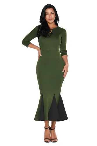 Olive Keyhole Front Flounce Hem Vintage Dress