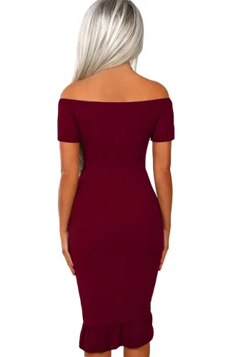 Red Frill Trim Short Sleeve Off Shoulder Midi Dress