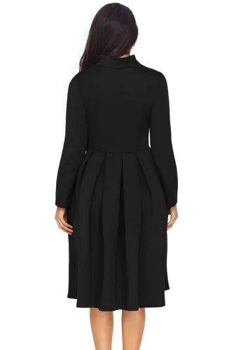 Black Pocket Style High Neck Skater Dress