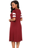 Striped Half Sleeves O Neck Flowy Jersey Dress in Red
