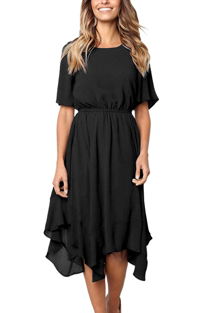 Black Chiffon Irregular Hem Short Sleeve Pleated Dress