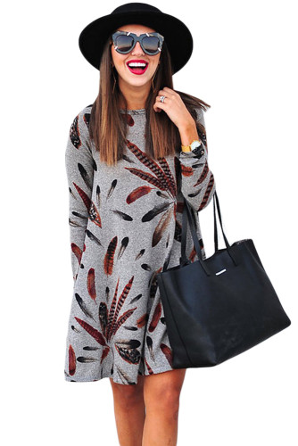 Gray Feather Graphic Pocket Tunic Dress
