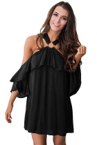 Black Adorable Sexy O Ring Detail Ruffle Dress