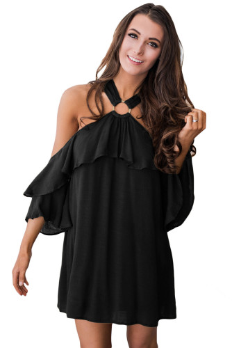 Black Adorable Sexy O Ring Detail Ruffle Dress