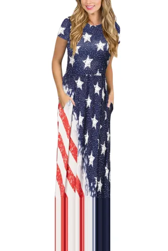 Stars Stripes The USA Flag Print Summer Maxi Dress