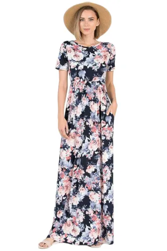 Coral Floral Pattern Short Sleeve Summer Maxi Dress in Black