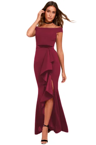 Red Ballroom Bound Off-The-Shoulder Maxi Dress