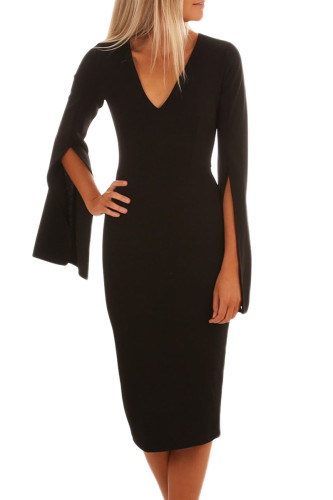 Black Split Bell Sleeves V Neck Bodycon Midi Dress