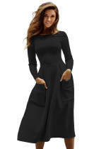 Black Bateau Collar Casual Big Pocket Skater Dress