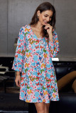 Multicolor Printed V-Neck Three Quarter Sleeve Loose Dress
