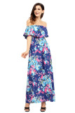 Flower Print Blue Grounding Off Shoulder Long Boho Dress