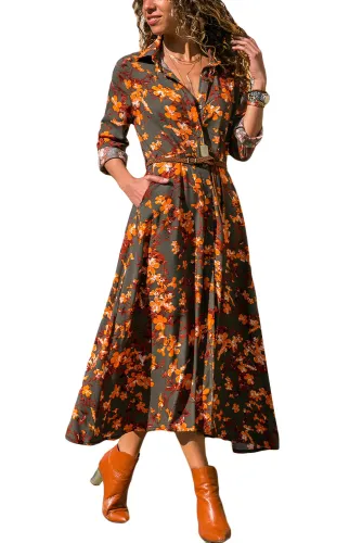 Taupe Floweret Print Buttoned Belted Shirt Dress