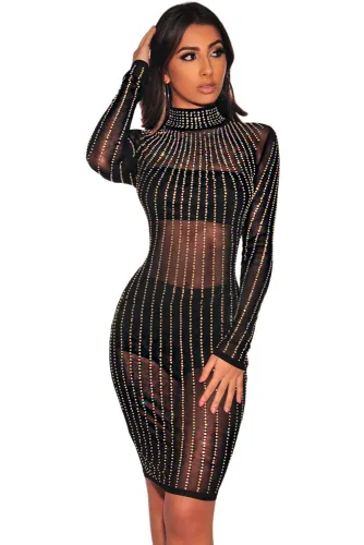 Black Iridescent Rhinestone Mock Neck Long Sleeves Dress