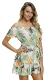 Tropical Leaf and Flower Print Off Shoulder Summer Dress
