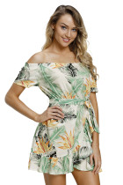 Tropical Leaf and Flower Print Off Shoulder Summer Dress