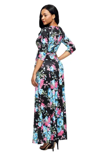 Black Blue Floral Print Wrapped Long Boho Dress