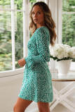 Green V Neck Floral Print Boho Ruffled Sleeve Dress