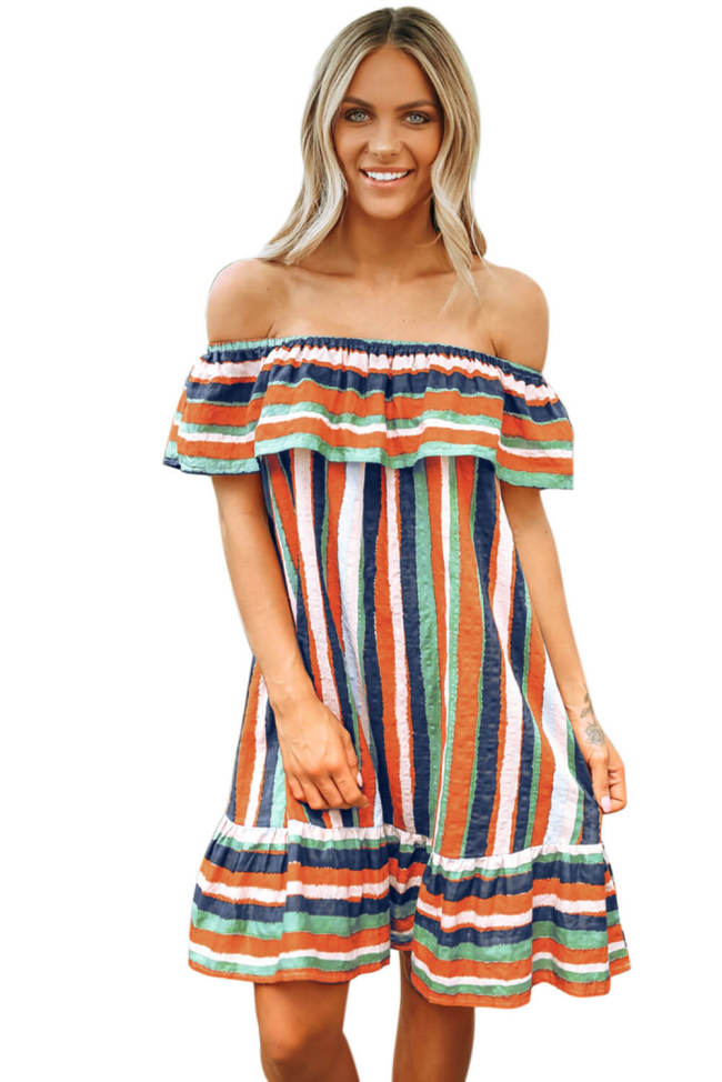 Multicolor Stripes Ruffles Off The Shoulder Dress