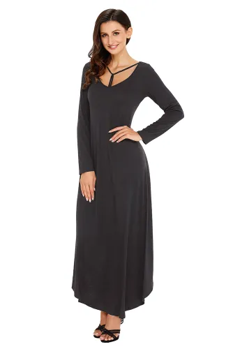 Black Y Strap Neckline Relaxed Long Jersey Dress