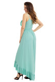 Mint Green Lace Up V Neck Ruffle Trim Hi-low Maxi Dress