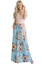 Pink Blue Floral Pocket Style Long Summer Dress