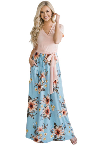 Pink Blue Floral Pocket Style Long Summer Dress