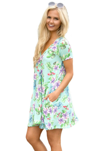 Light Green Pocket Design Summer Floral Shirt Dress