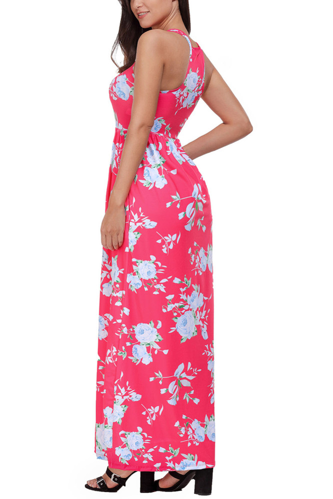 Fuchsia Floral Print Sleeveless Long Boho Dress