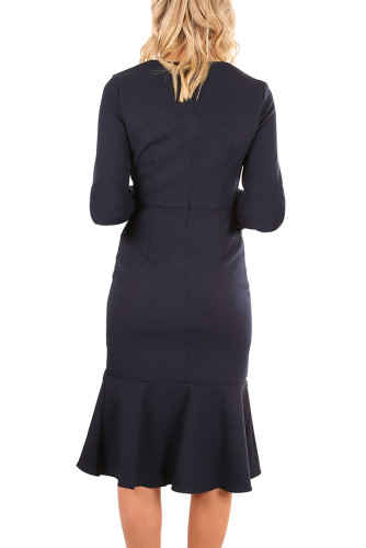 Navy Delicate Ruffle Accent Bell Sleeve Midi Dress