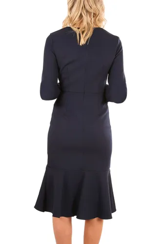 Navy Delicate Ruffle Accent Bell Sleeve Midi Dress