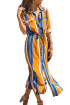Multicolor Striped Roll up Sleeve Buttoned Maxi Shirt Dress