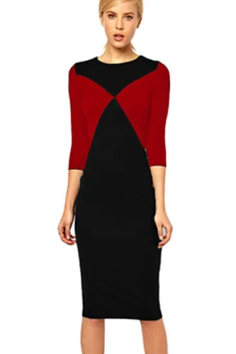 Red Black Patchwork Pencil Midi Dress