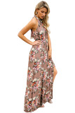 Brown Floral Print Front Slit Halter Boho Dress
