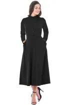 Black Side Button Mandarin Collar A-line Midi Dress