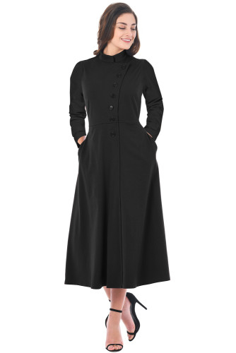 Black Side Button Mandarin Collar A-line Midi Dress