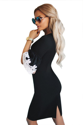 Black White Bodycon Ruffle Sleeve Cuff Midi Dress