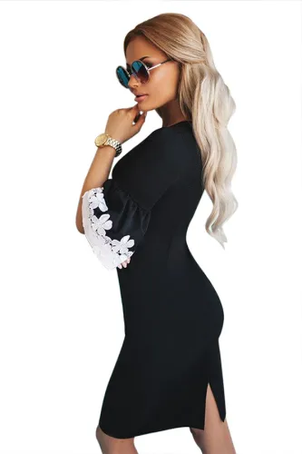 Black White Bodycon Ruffle Sleeve Cuff Midi Dress