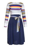 Navy Yellow Striped Poplin Sash Tie Midi Dress