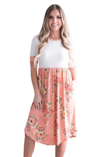 Peach Floral Skirt T-shirt Midi Dress