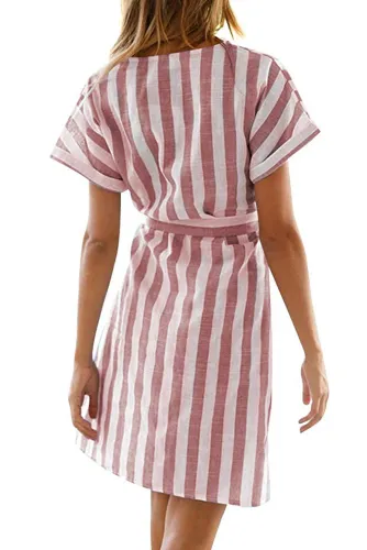 Pink V Collar Short Sleeve Stripe Print Button Wrap Dress