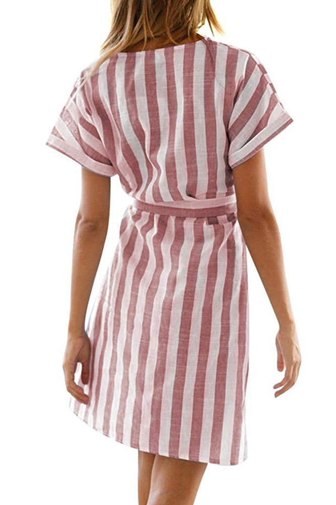 Pink V Collar Short Sleeve Stripe Print Button Wrap Dress