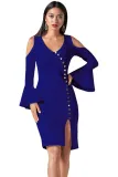Blue Cold Shoulder Button Detail Slit Midi Dress